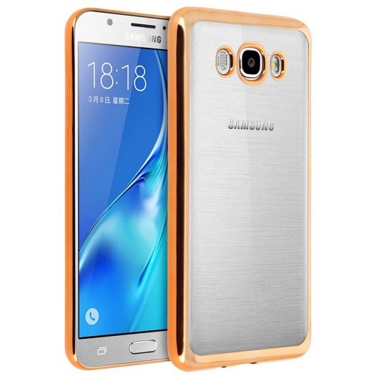 Avizar Funda Protectora de Silicona Transparente con Bordes Dorados para Samsung Galaxy J5 2016