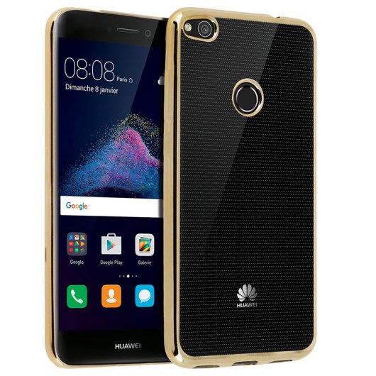 Avizar Funda Protectora de Silicona Transparente con Bordes Dorados para Huawei P8 Lite 2017