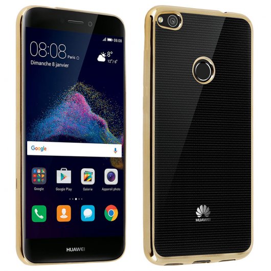 Avizar Funda Protectora de Silicona Transparente con Bordes Dorados para Huawei P8 Lite 2017