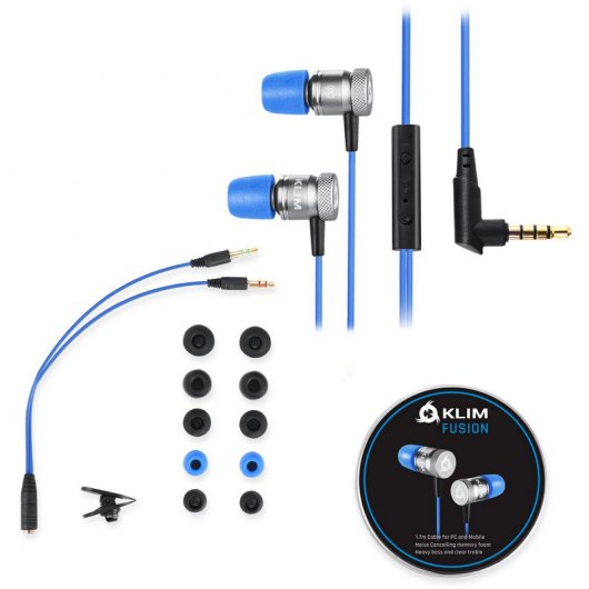 Ecouteurs Klim Fusion filaires intra-auriculaires avec mousse à mémoire, micro et isolation sonore, bleu