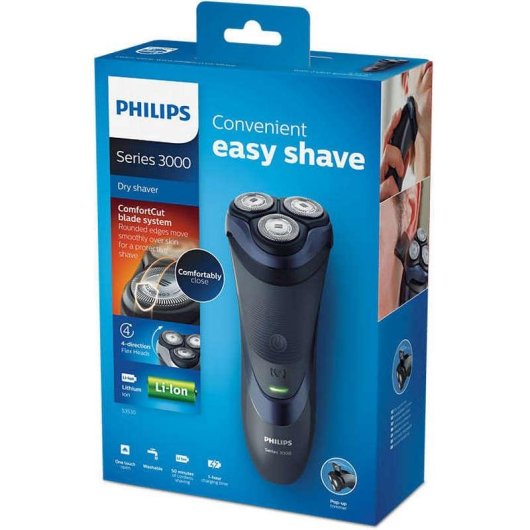 Máquina de Barbear Facial Philips S3530/06 Shaver Series 3000 Recarregável 50min A Seco 3 Lâminas Cabeças Flexíveis Aparador