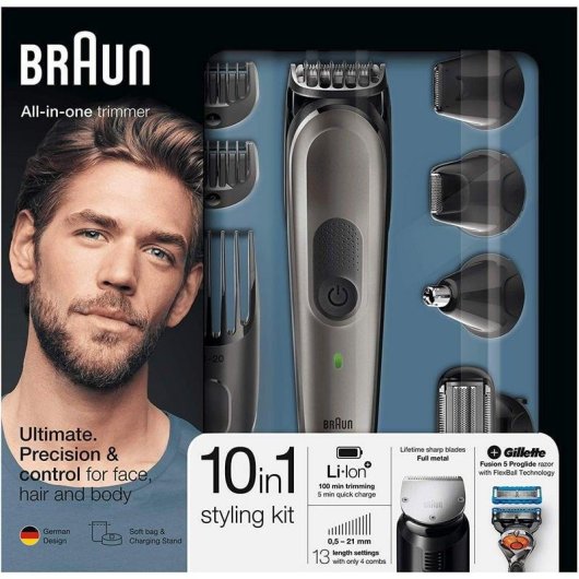 Tondeuse Multifonction Braun MGK7021 Sans Fil 100min Sec et Mouillé 13 Réglages 4 Sabots Charge Rapide