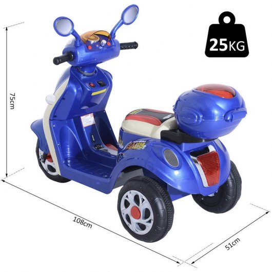HomCom Coche Triciclo Moto Eléctrica Correpasillos 6V Blanca/Azul