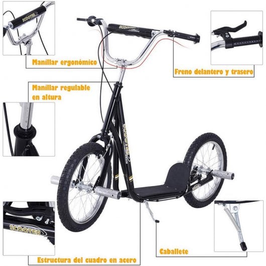 HomCom Scooter 2 Ruedas Patinete con Caballete Negro