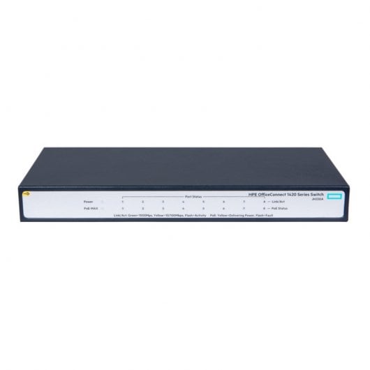 Switch non gestito HPE OfficeConnect 1420 con 8 porte Gigabit PoE+ e consumo energetico di 64 W.