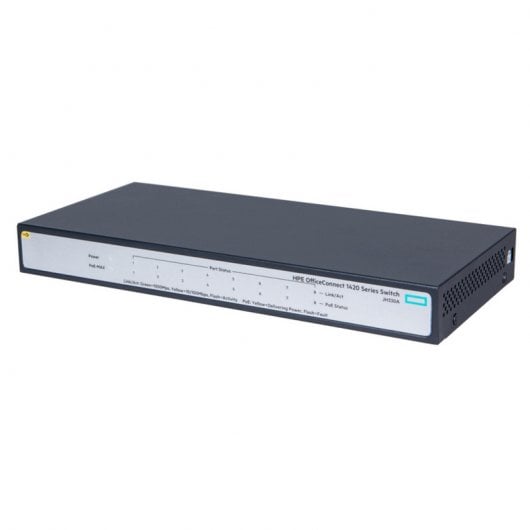 Switch non gestito HPE OfficeConnect 1420 con 8 porte Gigabit PoE+ e consumo energetico di 64 W.