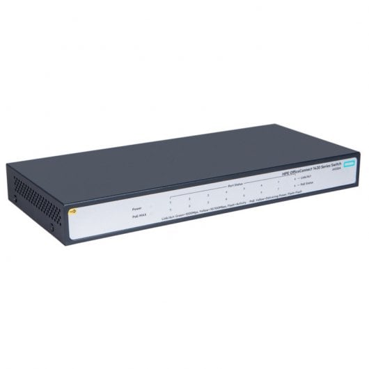 Switch non gestito HPE OfficeConnect 1420 con 8 porte Gigabit PoE+ e consumo energetico di 64 W.