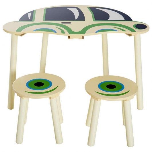 HomCom 312-012 Mesa Infantil em Madeira + 2 Bancos Desenho Carro