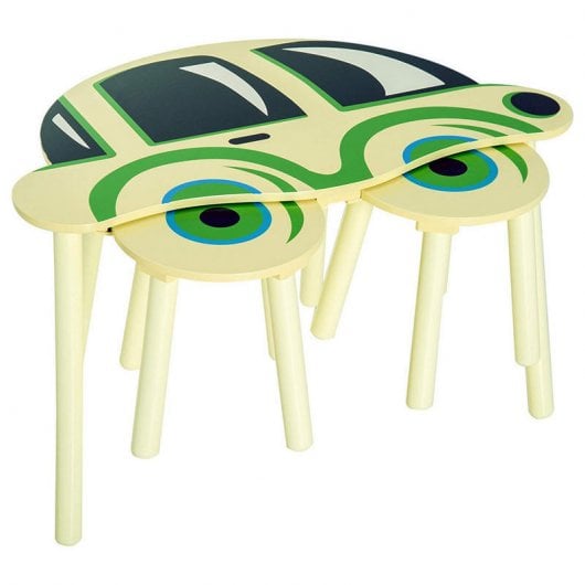 HomCom 312-012 Mesa Infantil em Madeira + 2 Bancos Desenho Carro