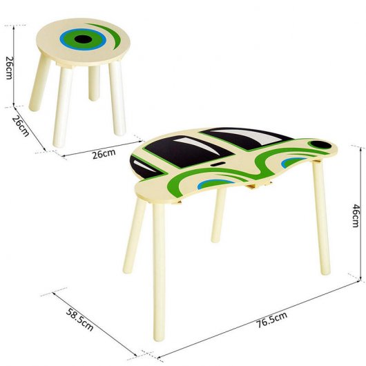 HomCom 312-012 Mesa Infantil em Madeira + 2 Bancos Desenho Carro