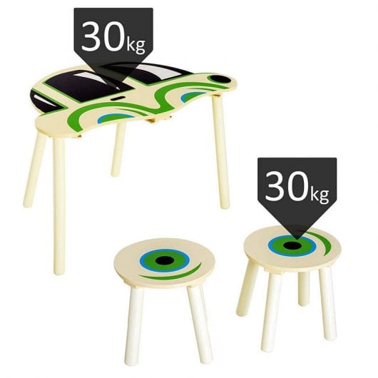 HomCom 312-012 Mesa Infantil em Madeira + 2 Bancos Desenho Carro