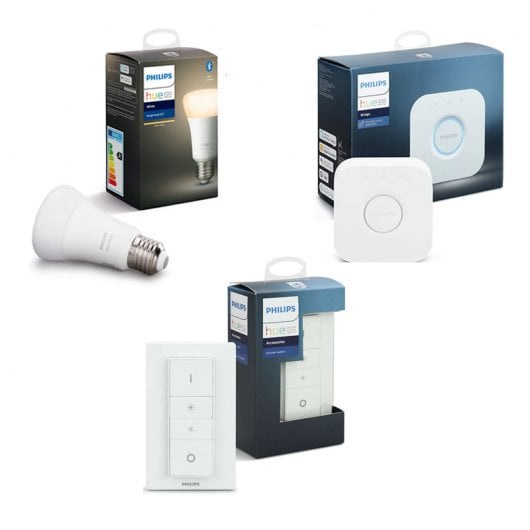 Philips Hue White Pack Bombilla LED E27 9W Blanco Cálido + Puente + Interruptor Inalámbrico