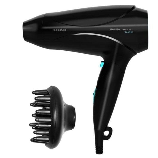 Secador de Cabelo Dobrável Iónico de Viagem Cecotec Bamba IoniCare 5450 Power&Go Pro Ice 2400W 2 Velocidades 2 Temperaturas com Difusor e Concentrador Preto/Azul