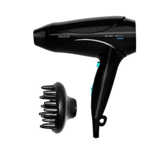 Secador de Cabelo Dobrável Iónico de Viagem Cecotec Bamba IoniCare 5450 Power&Go Pro Ice 2400W 2 Velocidades 2 Temperaturas com Difusor e Concentrador Preto/Azul