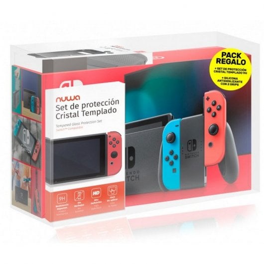 Nintendo Switch Azúl Neón/Rojo Neón V2 + Cristal Templado + Protector de Silicona + 2 Grips