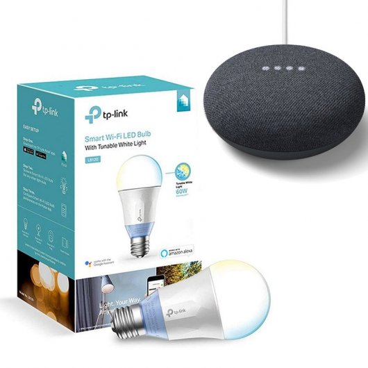 Pack Google Nest Mini Carbon + TP-LINK LB120 Lâmpada Inteligente Wi-Fi Branco