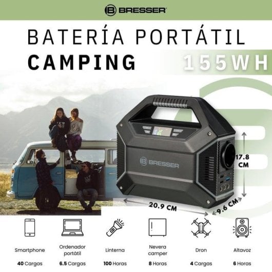 Station d’énergie Bresser 155Wh 3 ports USB 3 sorties DC 1 AC Batterie Li-ion Lampe LED