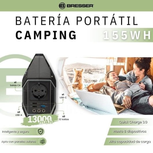 Station d’énergie Bresser 155Wh 3 ports USB 3 sorties DC 1 AC Batterie Li-ion Lampe LED