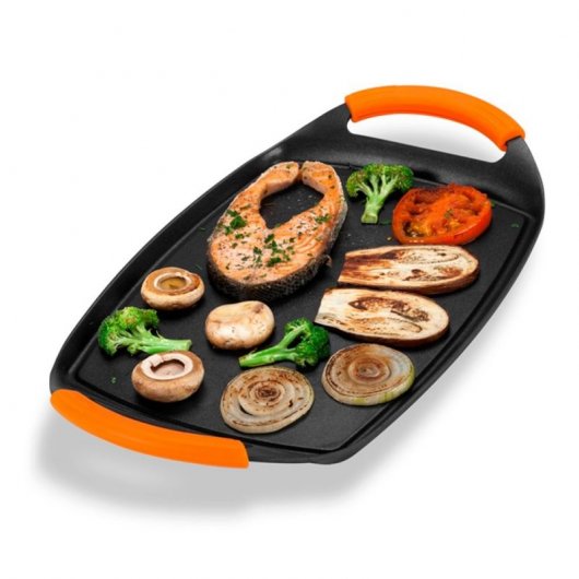 NewChef Plancha de Cocina Aluminio Fundido con Mangos de Silicona Naranjas