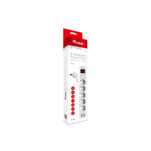 Equip Regleta de Alimentación 5 Tomas de Red con Interruptor + 2 Puertos USB Blanca