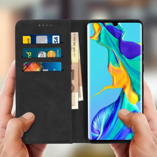 Custodia a portafoglio Avizar con funzione supporto nera per Huawei P30 Pro