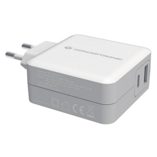 Conceptronic Cargador de Pared USB + USB-C 3A Blanco