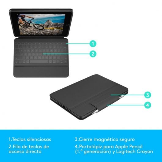 Custodia Logitech Rugged Folio con tastiera Bluetooth grigia per iPad 7/8/9 generazione