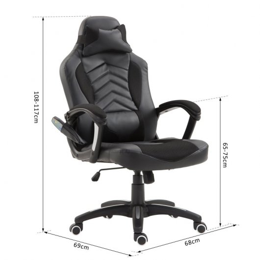 HomCom Cadeira Gaming com Aquecimento e Massagem Preta