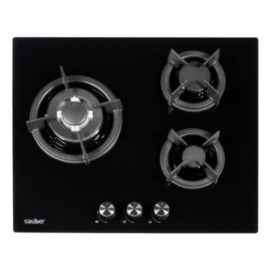 Placa Sauber SECGB06 3 zonas gás natural cristal preto ferro fundido