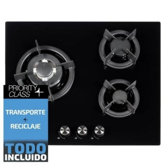 Placa Sauber SECGB06 3 zonas gás natural cristal preto ferro fundido