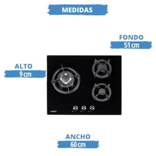 Placa Sauber SECGB06 3 zonas gás natural cristal preto ferro fundido