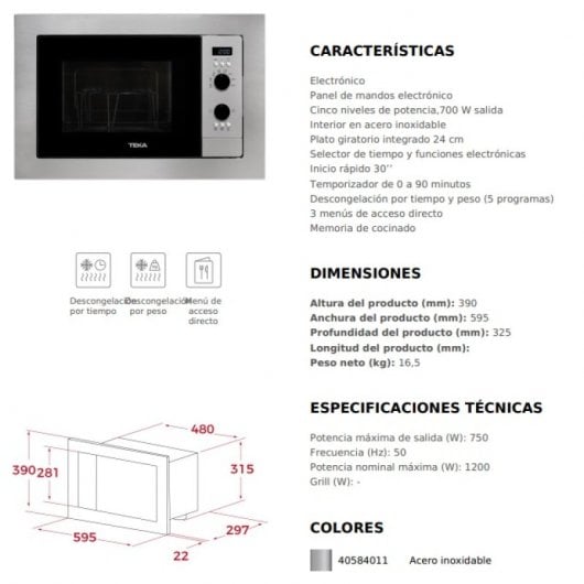 Teka MS 620 BIH Micro-ondes encastrable 20L 1100W Inox