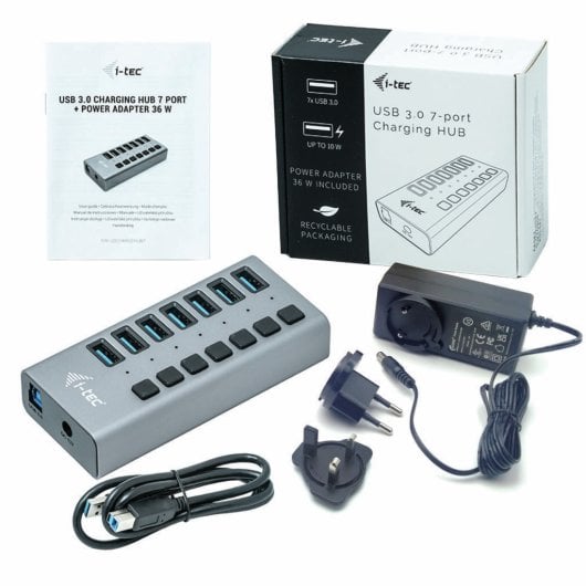 Concentrador USB i-tec 7 puertos USB 3.0 aluminio, carga rápida, alimentación 36W, gris