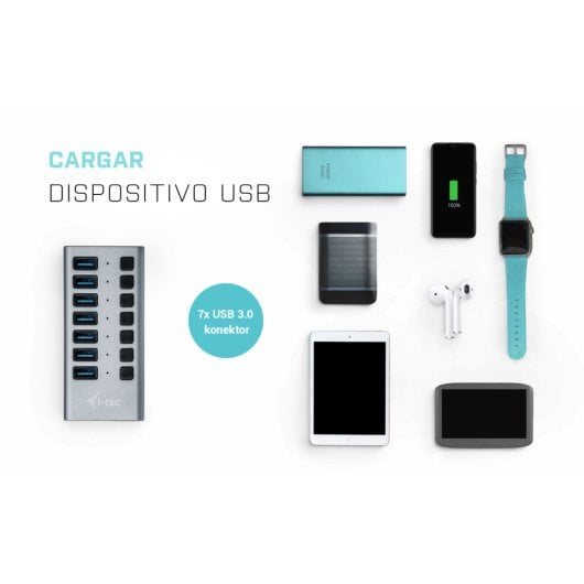 Concentrador USB i-tec 7 puertos USB 3.0 aluminio, carga rápida, alimentación 36W, gris