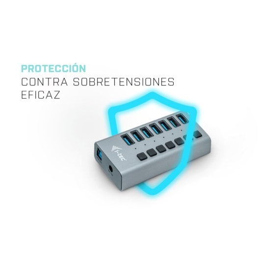 Concentrador USB i-tec 7 puertos USB 3.0 aluminio, carga rápida, alimentación 36W, gris