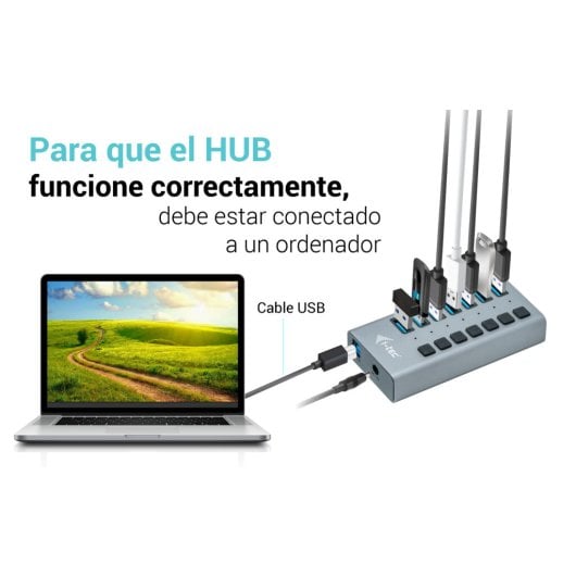 Concentrador USB i-tec 7 puertos USB 3.0 aluminio, carga rápida, alimentación 36W, gris