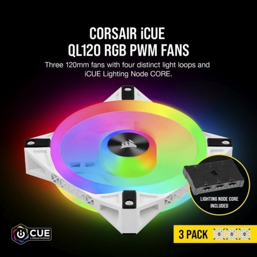 Corsair iCUE QL120 RGB PWM Triple Fan Kit Blanco con Lightning Node Core 120mm
