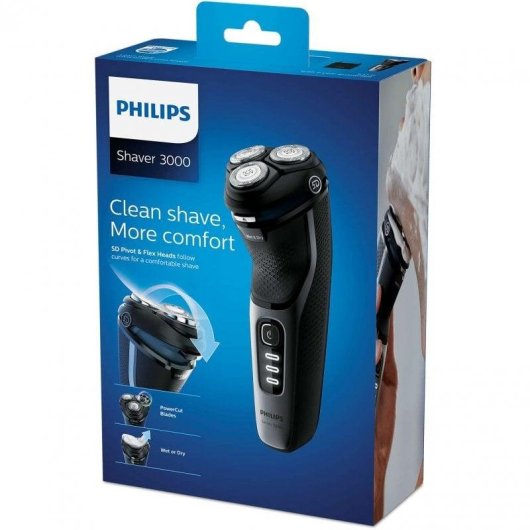 Máquina de Barbear Facial Philips S3231/52 Shaver Series 3000 Recarregável 60min Seco e a Húmido Lâminas Flexíveis