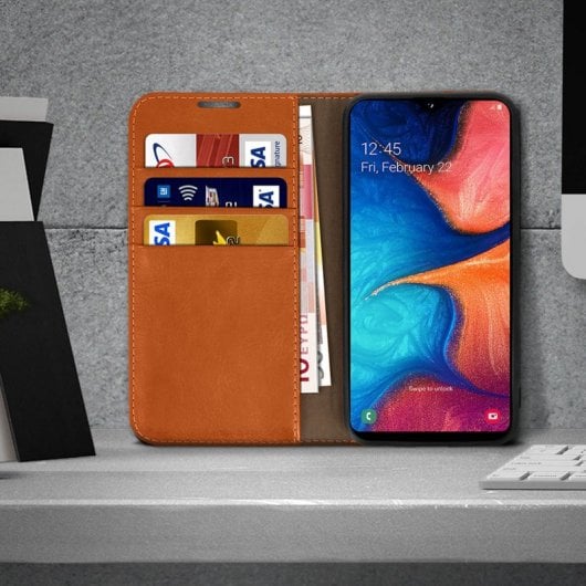Étui portefeuille en cuir Avizar Camel pour Samsung Galaxy A20e