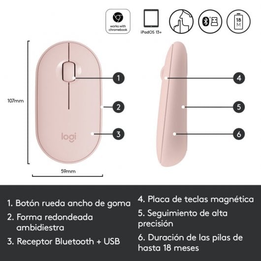 Logitech Pebble, mouse wireless con Bluetooth o ricevitore da 2,4 GHz, mouse per computer con clic silenzioso per laptop, notebook, iPad, PC e Mac. Rosa