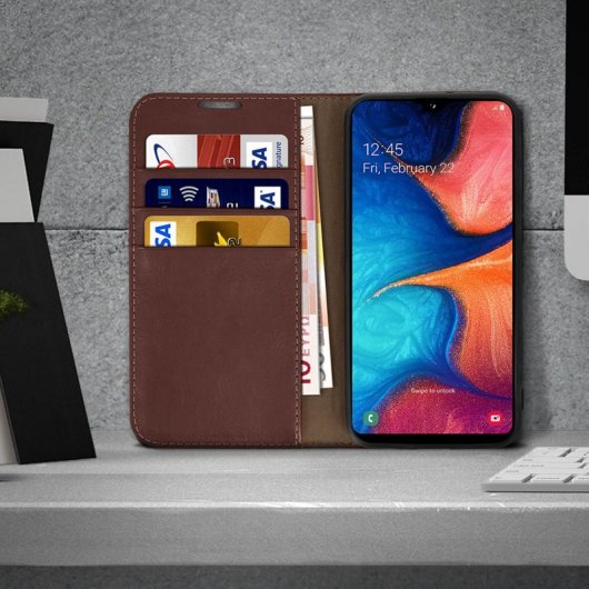 Avizar Funda Cartera Cuero Marrón para Samsung Galaxy A20e