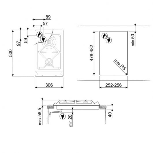Smeg SRV532GH3 Placa de Gas 2 Zonas 30cm Inox