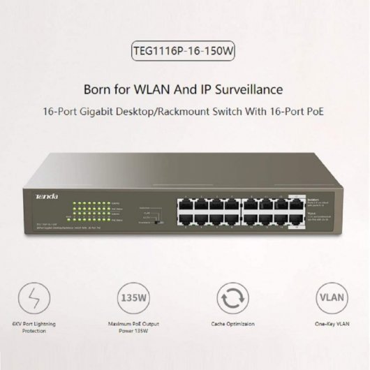 Tenda TEG1116P-16-150W  Switch 16 Puertos Gigabit con 16 Puertos PoE