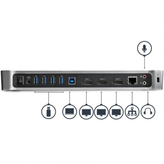 StarTech.com Station d'Accueil USB 3.0 à 3 Écrans avec 2x 4K DisplayPort et HDMI - Hub USB-A à 5 Ports (1x Fast-Charge), Audio 3,5 mm, GbE - Docking Station Universelle USB Type-A pour PC Portable, Win/MacOS