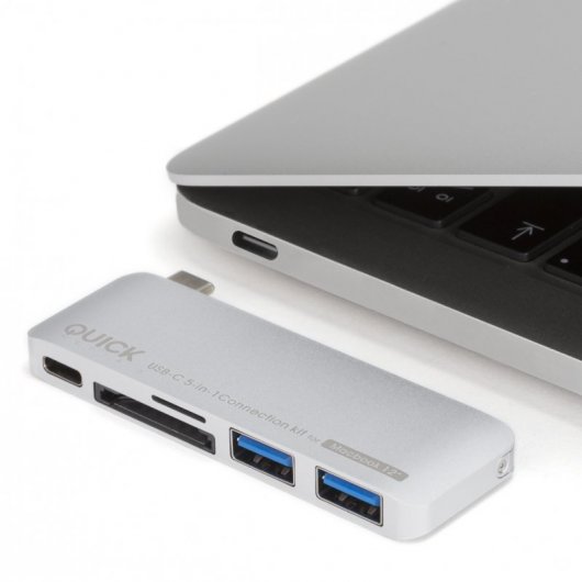 Quick Media Adaptador con Función de Carga 5 en 1 USB Tipo C a 2xUSB 3.1/USB-C/SDHC/Micro SDHC