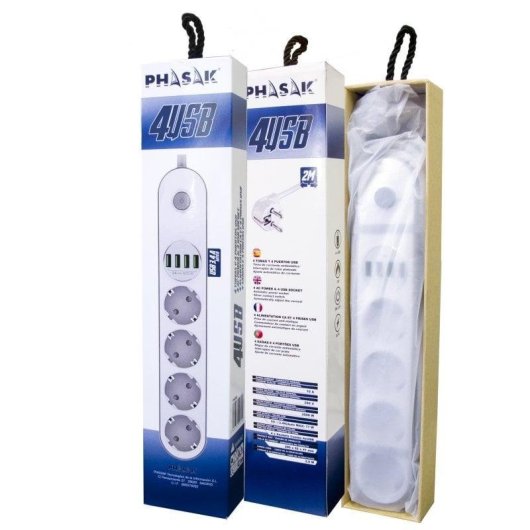 Multiprise Phasak PH 0544 4 Prises Protection Interrupteur 4 USB-A 2 m