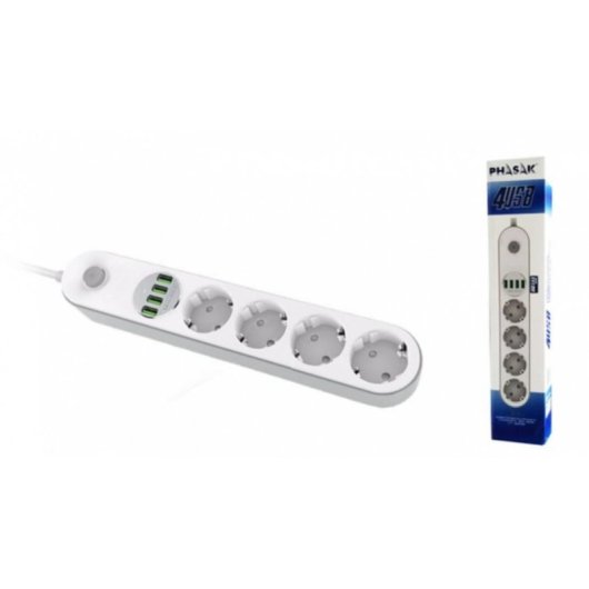 Multiprise Phasak PH 0544 4 Prises Protection Interrupteur 4 USB-A 2 m