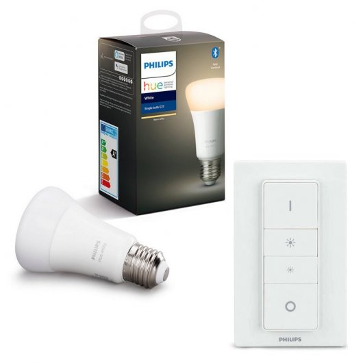 Philips Pack Hue White Bombilla LED E27 9W Blanco Cálido + Hue Interruptor Atenuador Inalámbrico