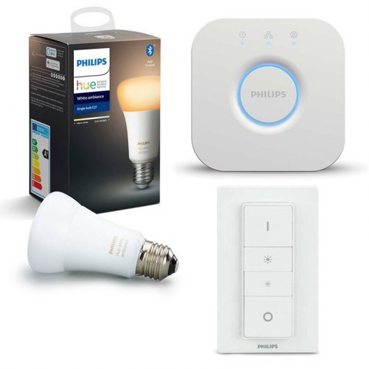 Philips Pack Hue White Ambiance Bombilla LED E27 9W Blanca + Hue Bridge + Hue Interruptor Atenuador
