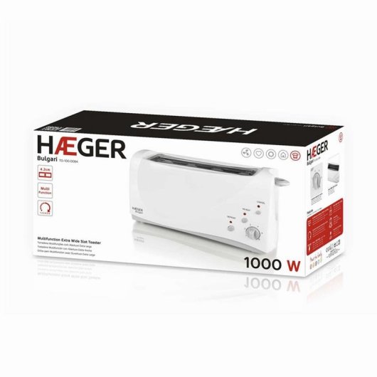 Grille-pain Haeger Bulgari 2 tranches, 1 fente longue extra-large 1000 W, 6 niveaux, décongélation, blanc